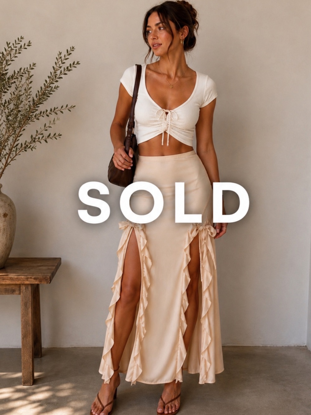 Cream Satin Ruffle Midi Skirt | Feminine Double Side Slit Detail